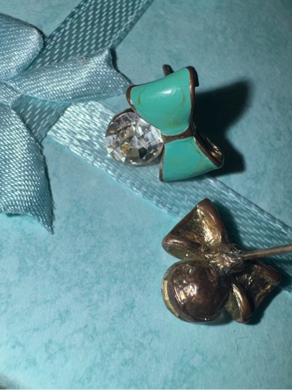 Vintage Source Unknown Turquoise Enamel Bow Stud Earrings with Clear Crystal